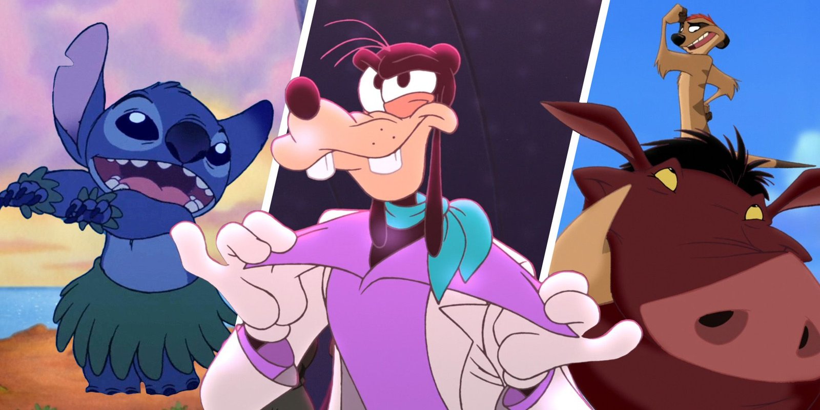 Split Image Of Stitch, Goofy, And Timone And Pumba From Disney
