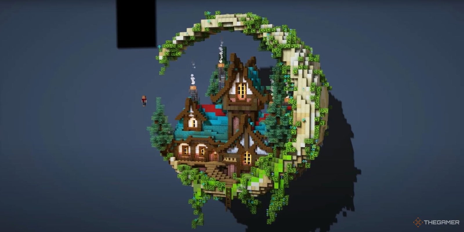 An image from Minecraft of a floating Moon that is holding up a large house. The moon is deocrated with various plants. 