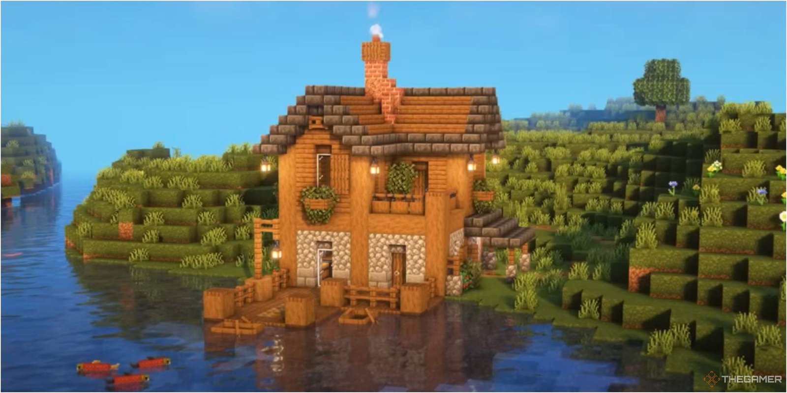 An image from Minecraft of a small Lakeside Starter Home.