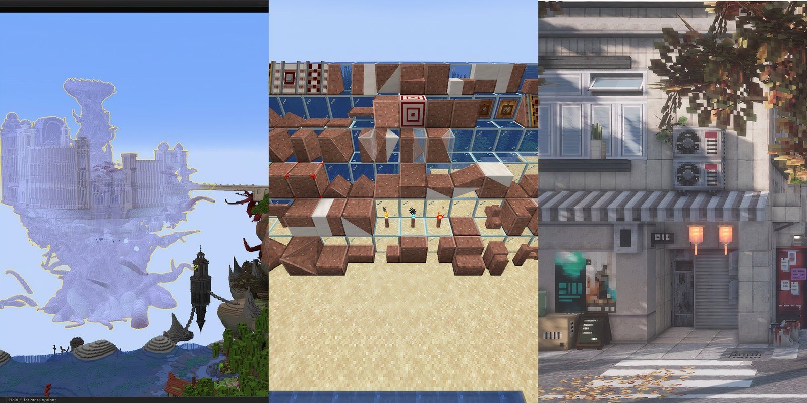 Minecraft 10 Best Building Mods Featured Image showcasing Minecraft Mods: Axiom, FramedBlocks, and Yuushya Townscape