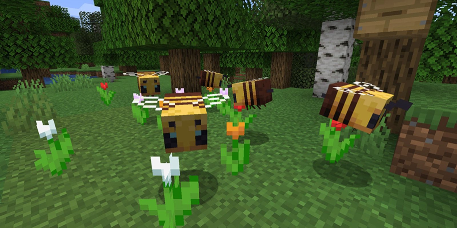 Minecraft bees pollinating flowers in a forest. 