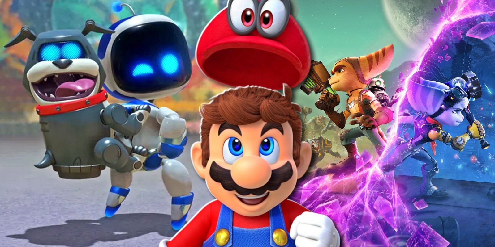 Mario with Cappy above his head in the foreground with Astro Bot in the background on the left and Ratchet & Clank Rift Apart key art on the right.