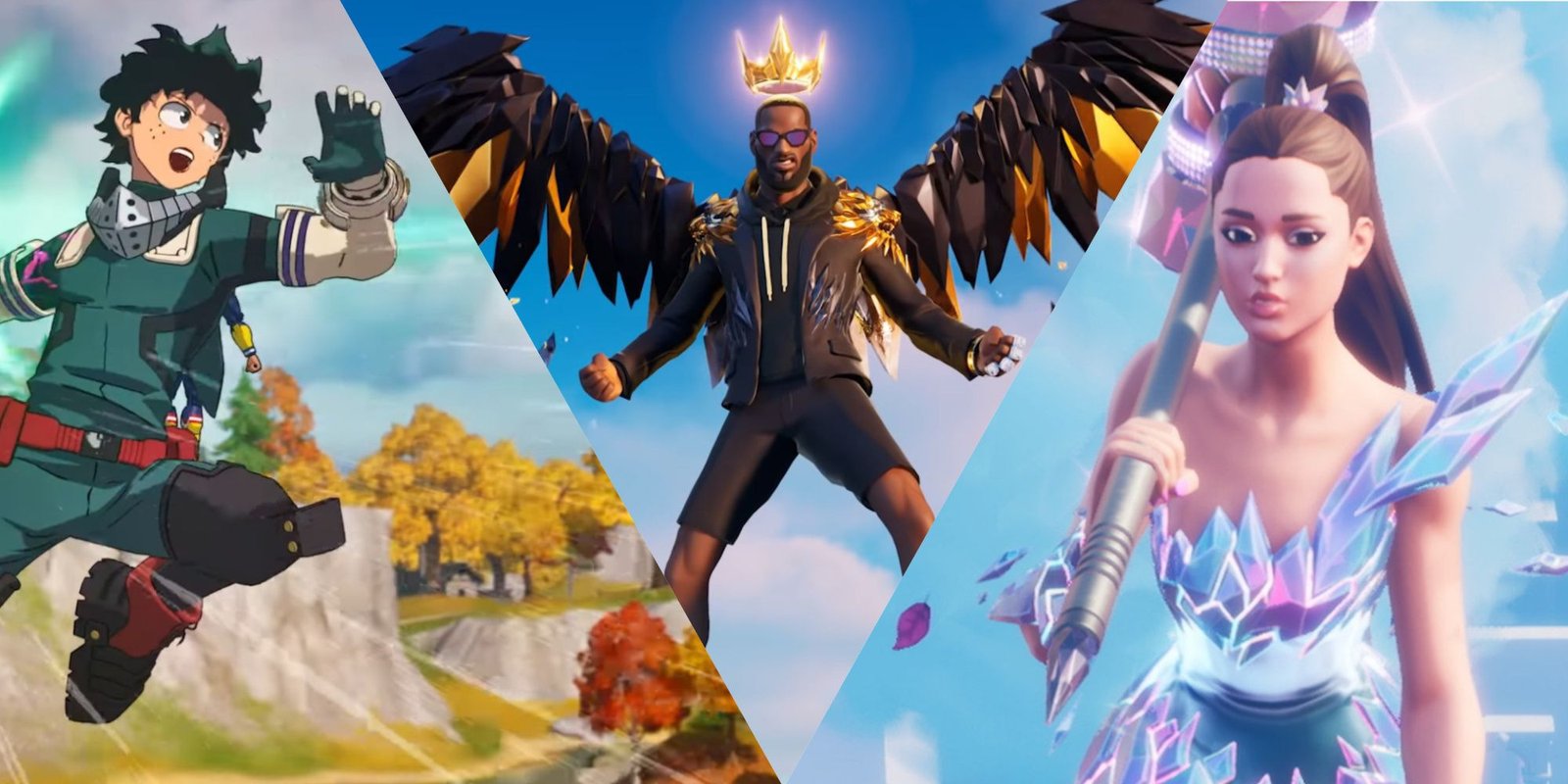 This image features three different skins in Fortnite, that were all added into the game through a collab event. This photo includes Midoryia, LeBron James, and Ariana Grande.
