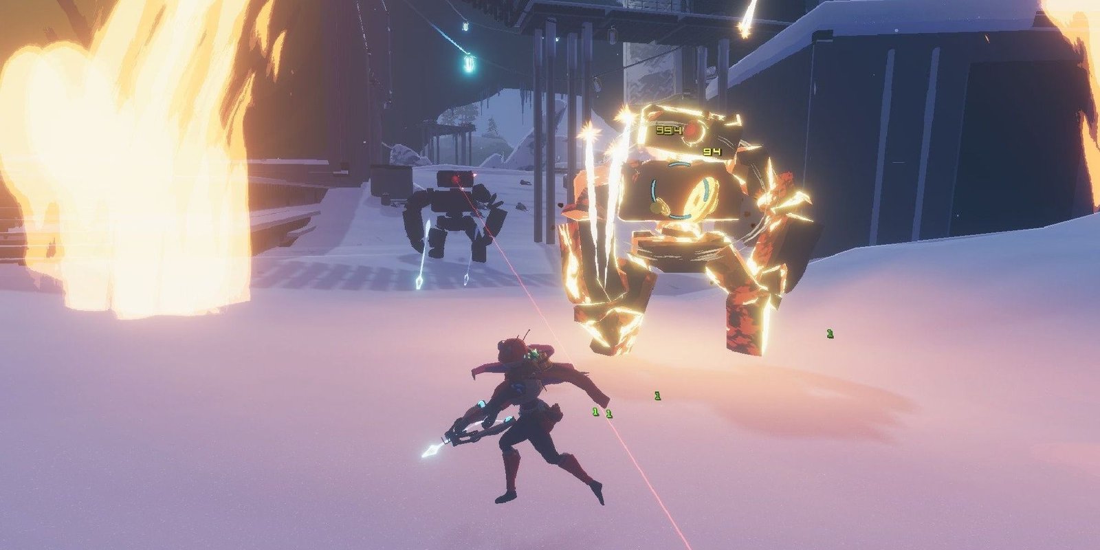huntress in snowy area facing two stone golems