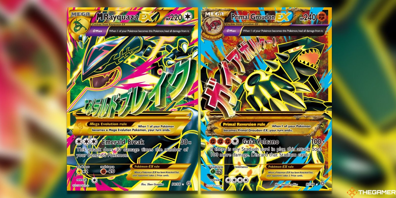 The M Rayquaza EX and Primal Groudon EX Shiny Full Arts from Ancient Origins in the Pokemon TCG.