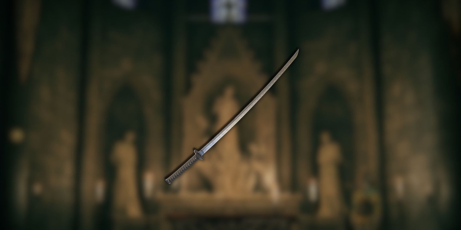 A plain looking, steel katana overlayed over a blurred background in Elden Ring.