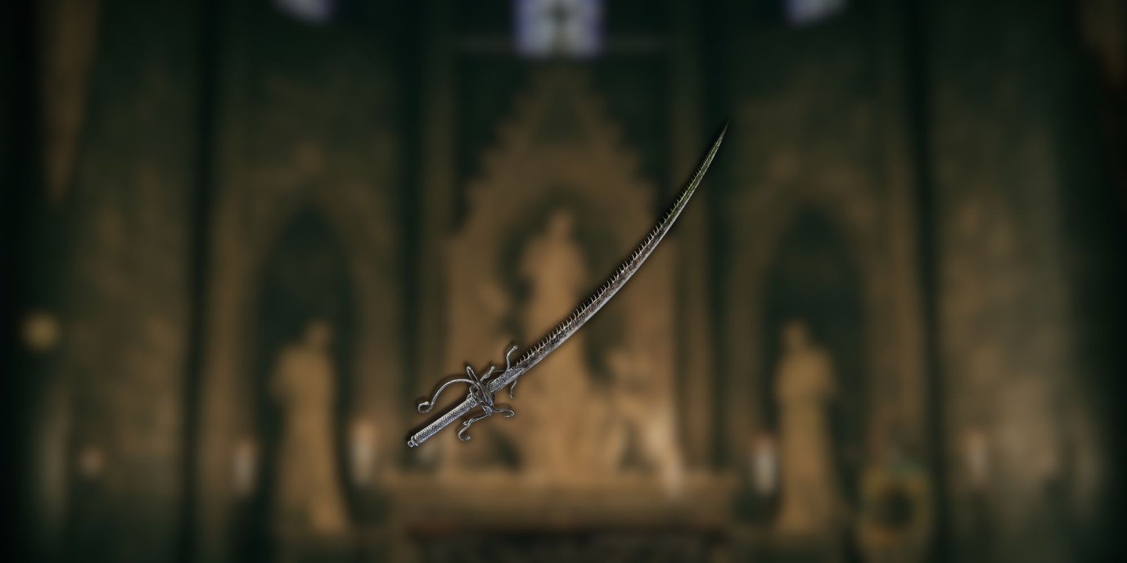 A serrated katana with an ornate handguard overlayed over a blurred background in Elden Ring.