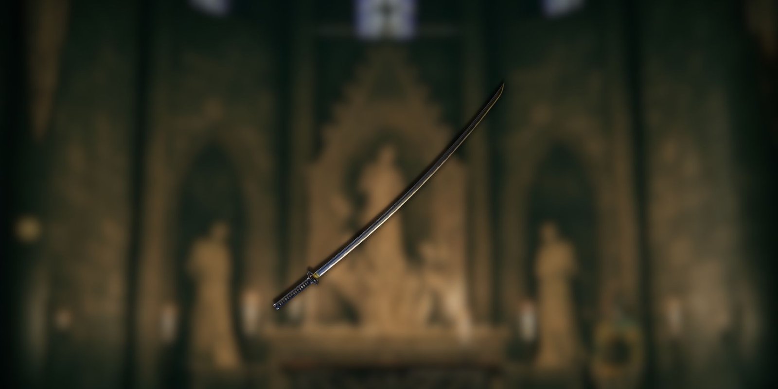 An exceptionally long, steel katana overlayed over a blurred background in in Elden Ring.