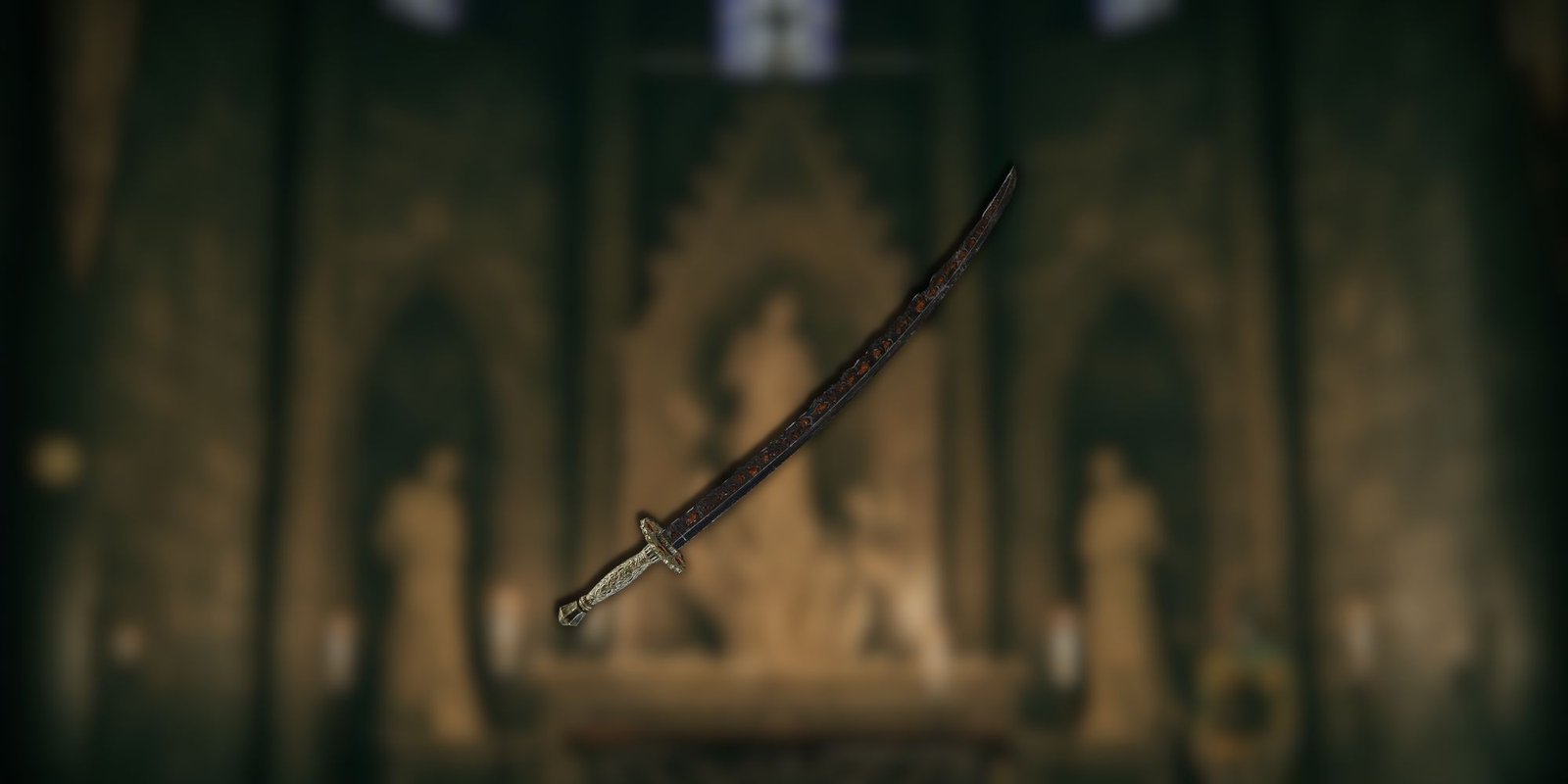 A katana with a gold handle and mostly black blade with red spots overlayed over a blurred background in Elden Ring.