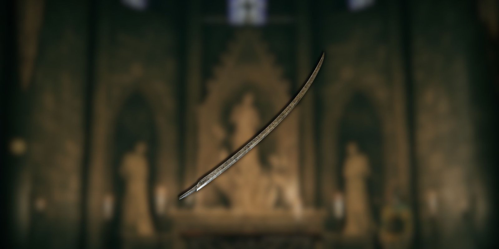 A long katana blade with engraved wording overlayed over a blurred background in Elden Ring.