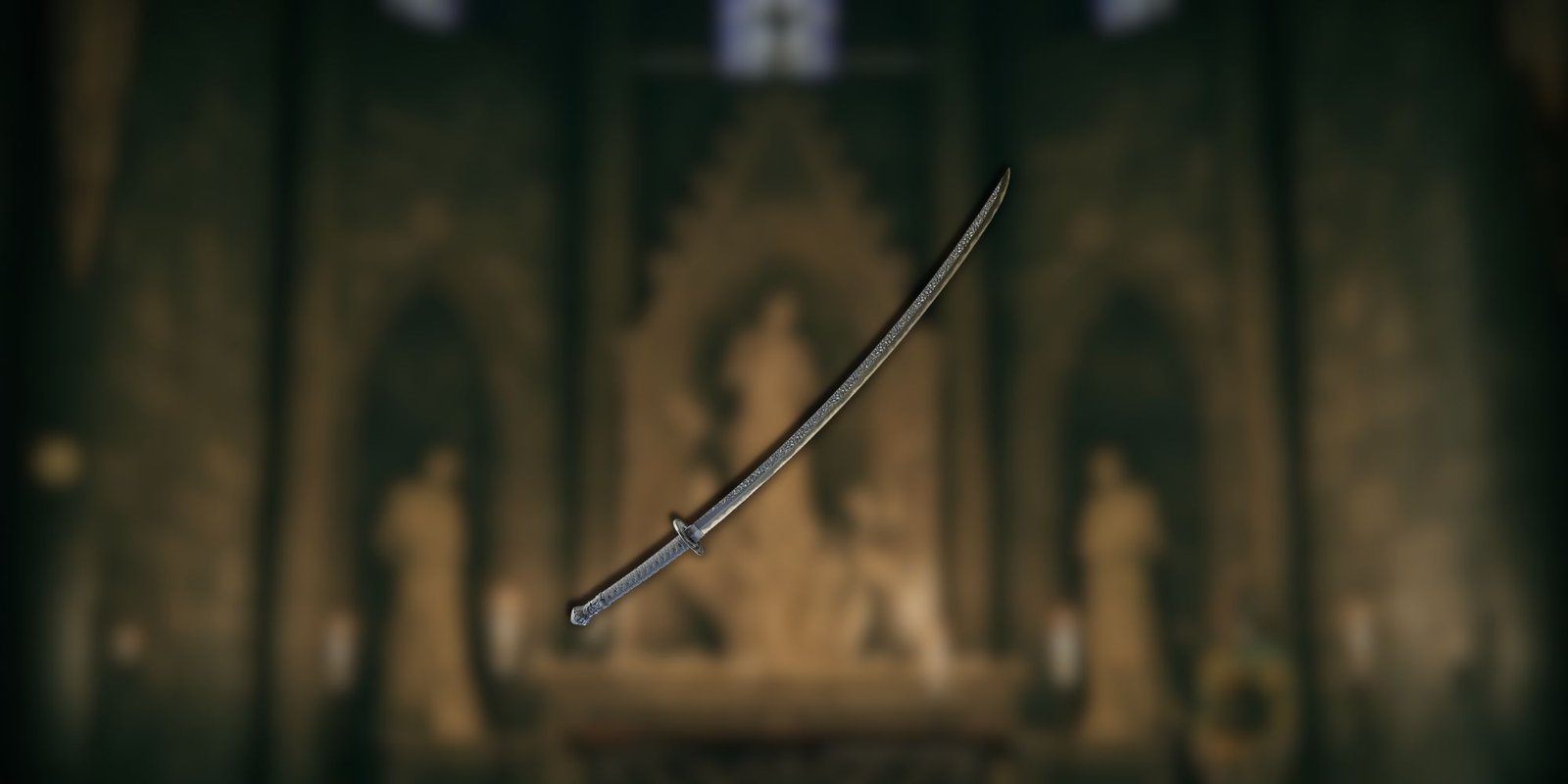 A mostly silver katana overlayed over a blurred background in Elden Ring.