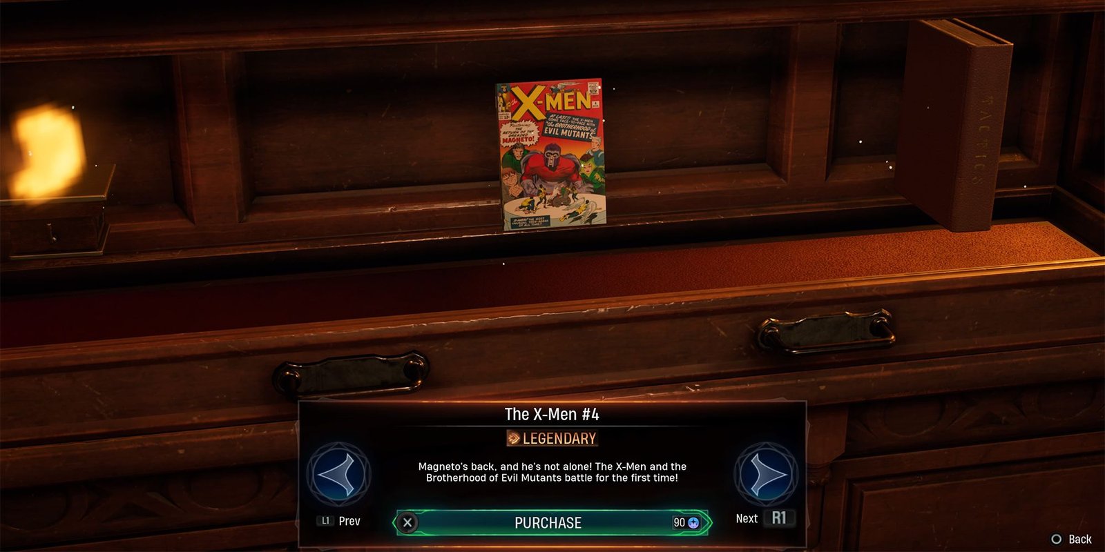 the x-men #4 comic sitting on a shelf in the abbey giftshop in Marvel's Midnight Suns