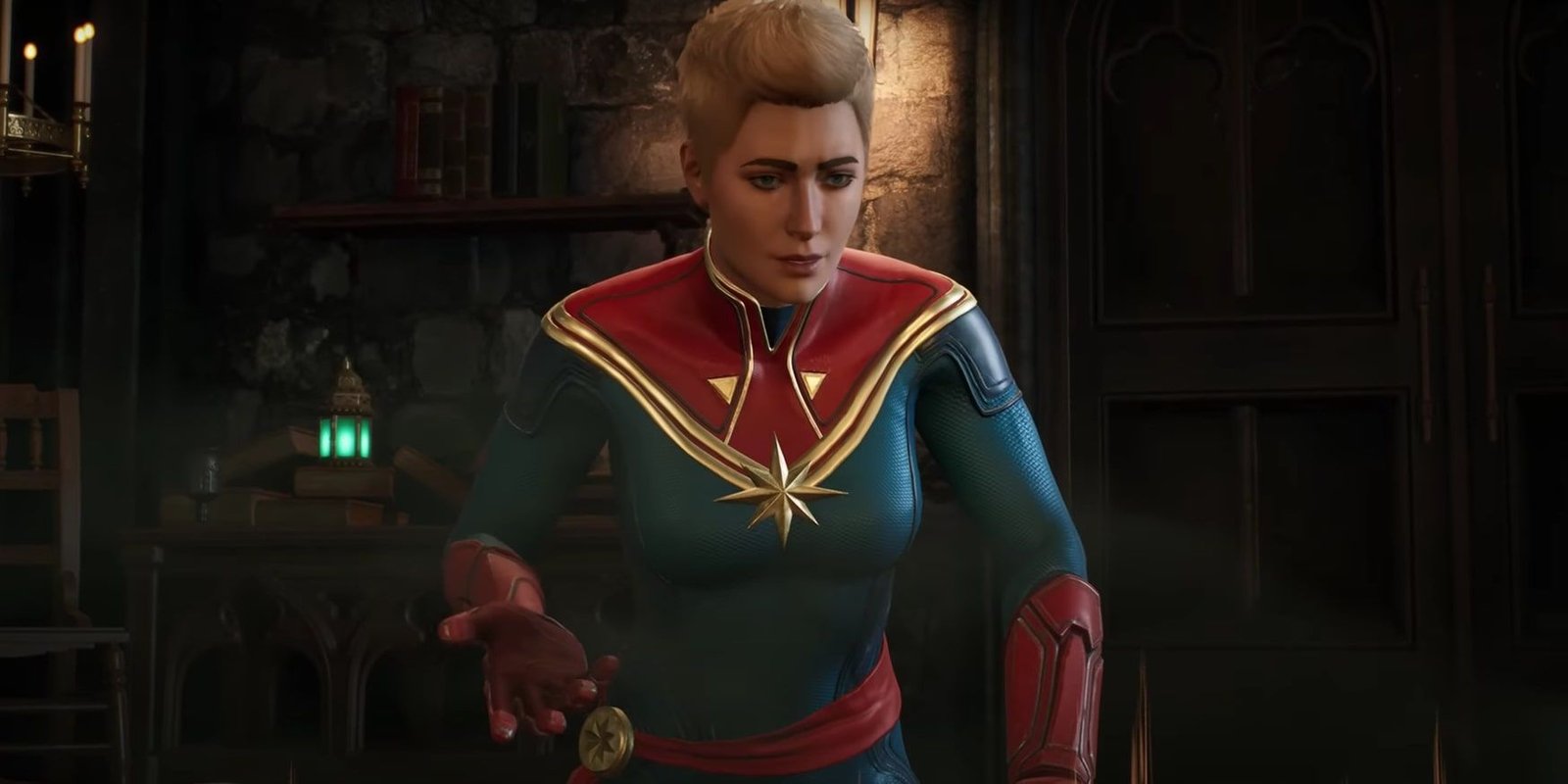Marvel's Midnight Suns Captain Marvel looking down at the virtual map table of the Caretaker's in The Abbey.