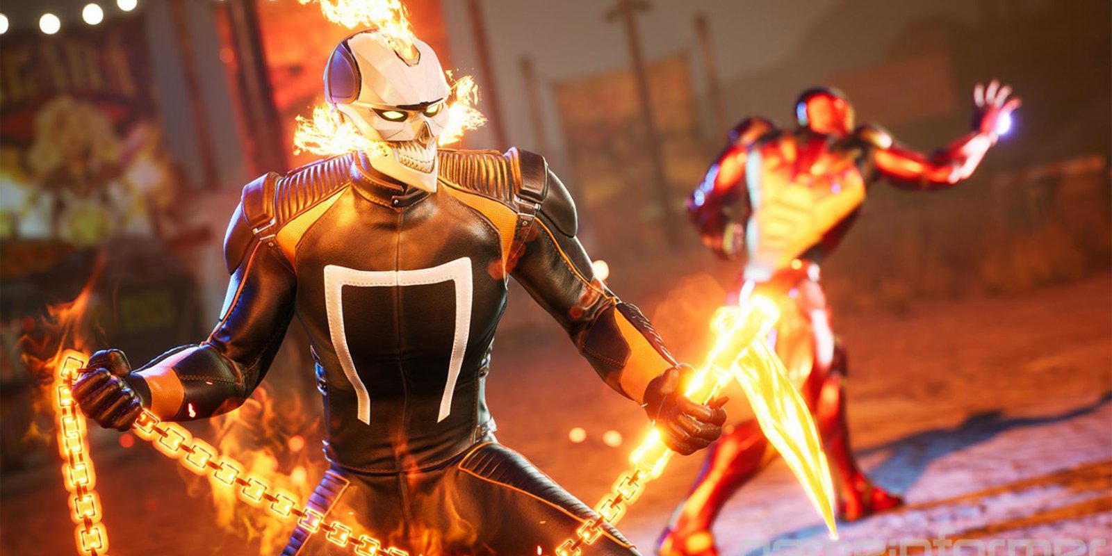 Marvel's Midnight Suns - ghost rider holding a scythe blade and chain with iron man in the background