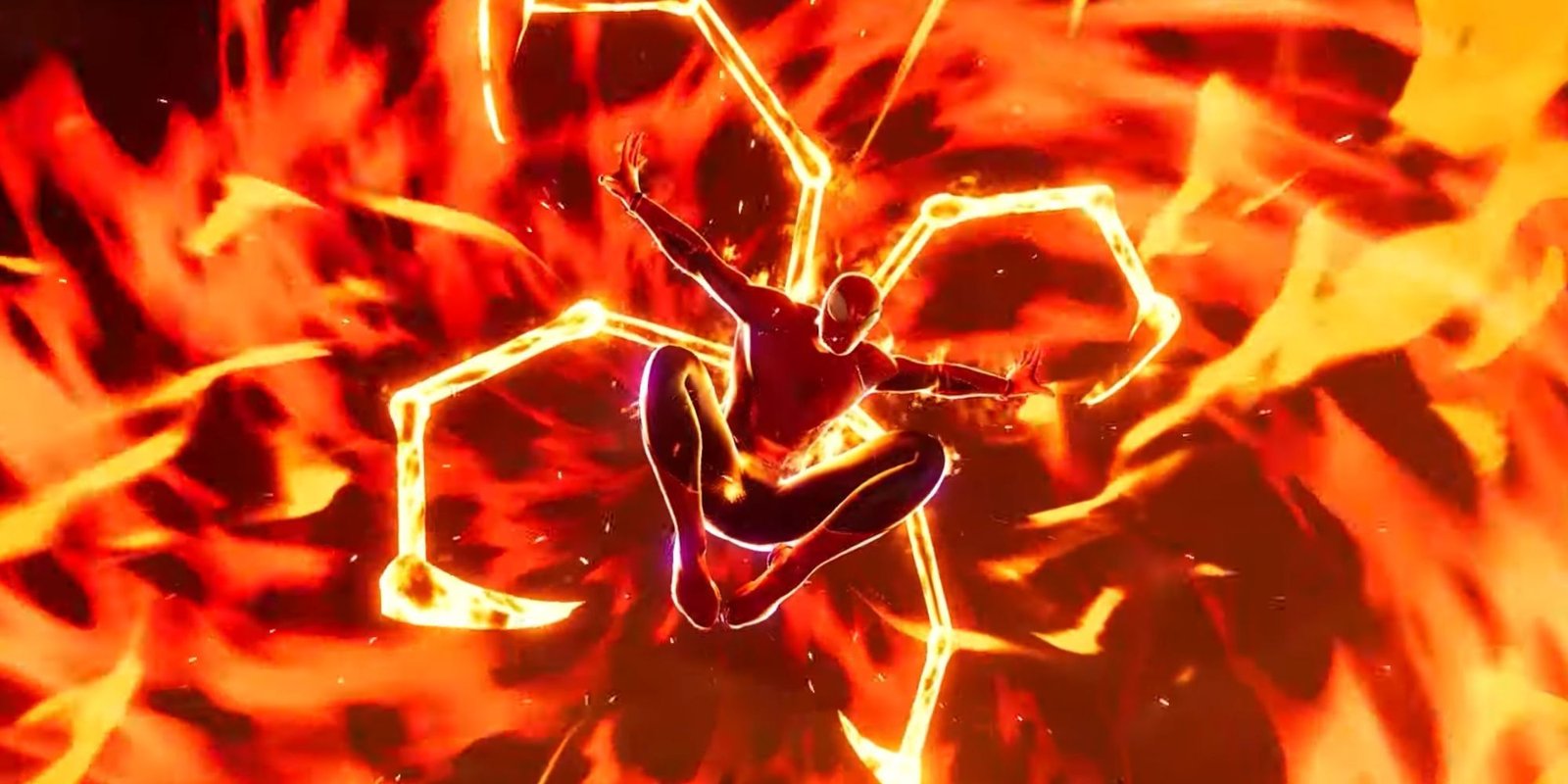 Peter Parker using his "Infernal Spider" ability. Peter has orange energised versions of the Iron Spider legs, with fire surrounding him in Marvel's Midnight Suns.