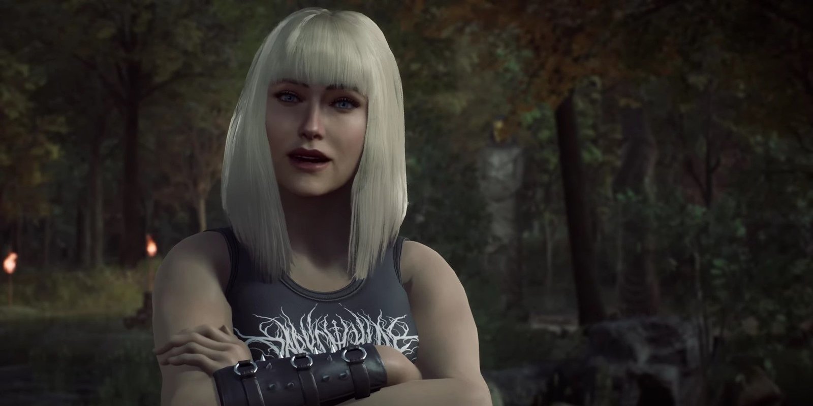 Marvel's Midnight Suns - Magik conversing with Hunter and crossing her arms in disbelief that they think she'll turn into a wolf.