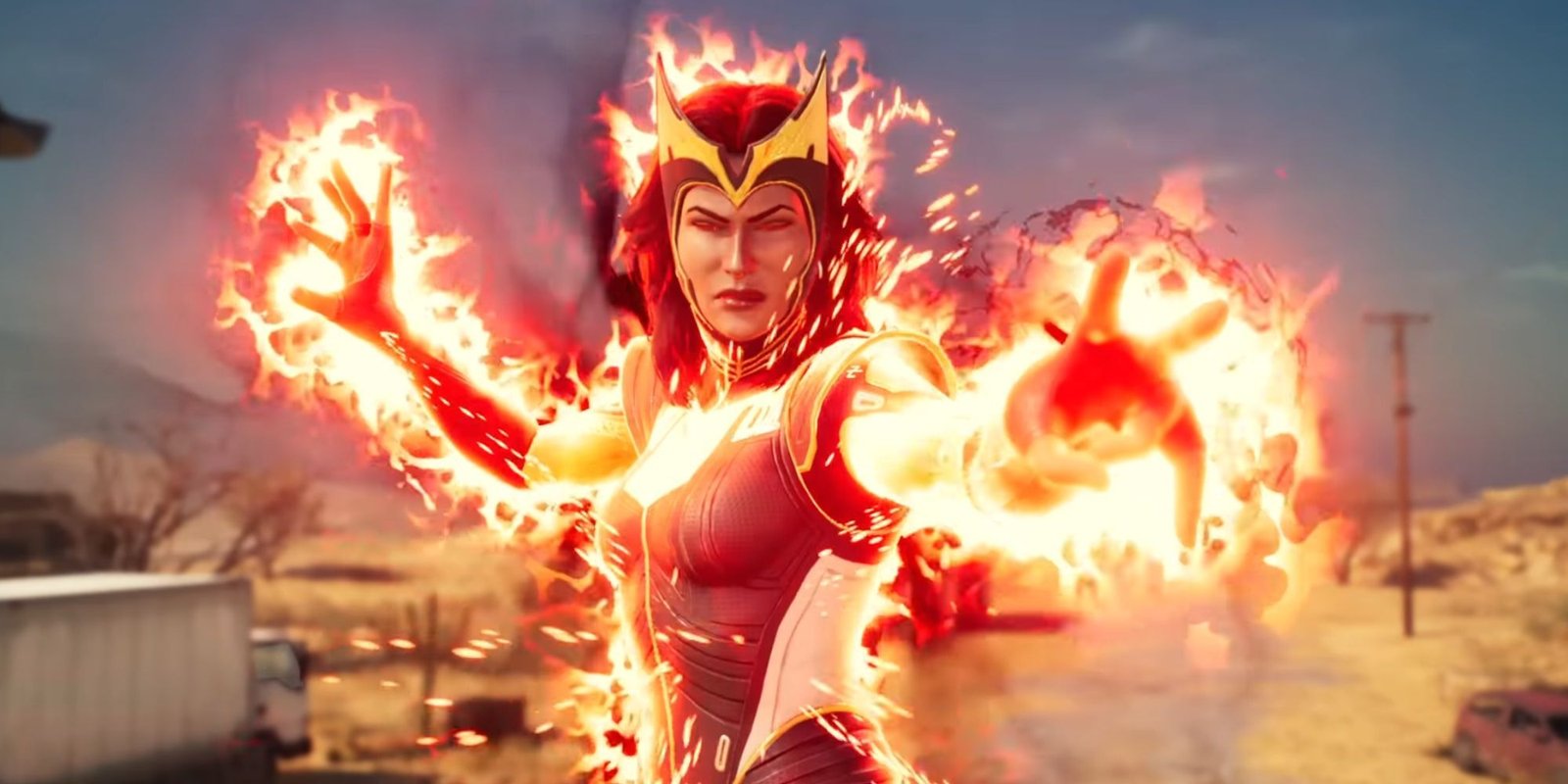 Scarlet Witch cinematic of the "No More" ability. Wanda is surrounded in red and orange fire, ready to attack in Marvel's Midnight Suns..