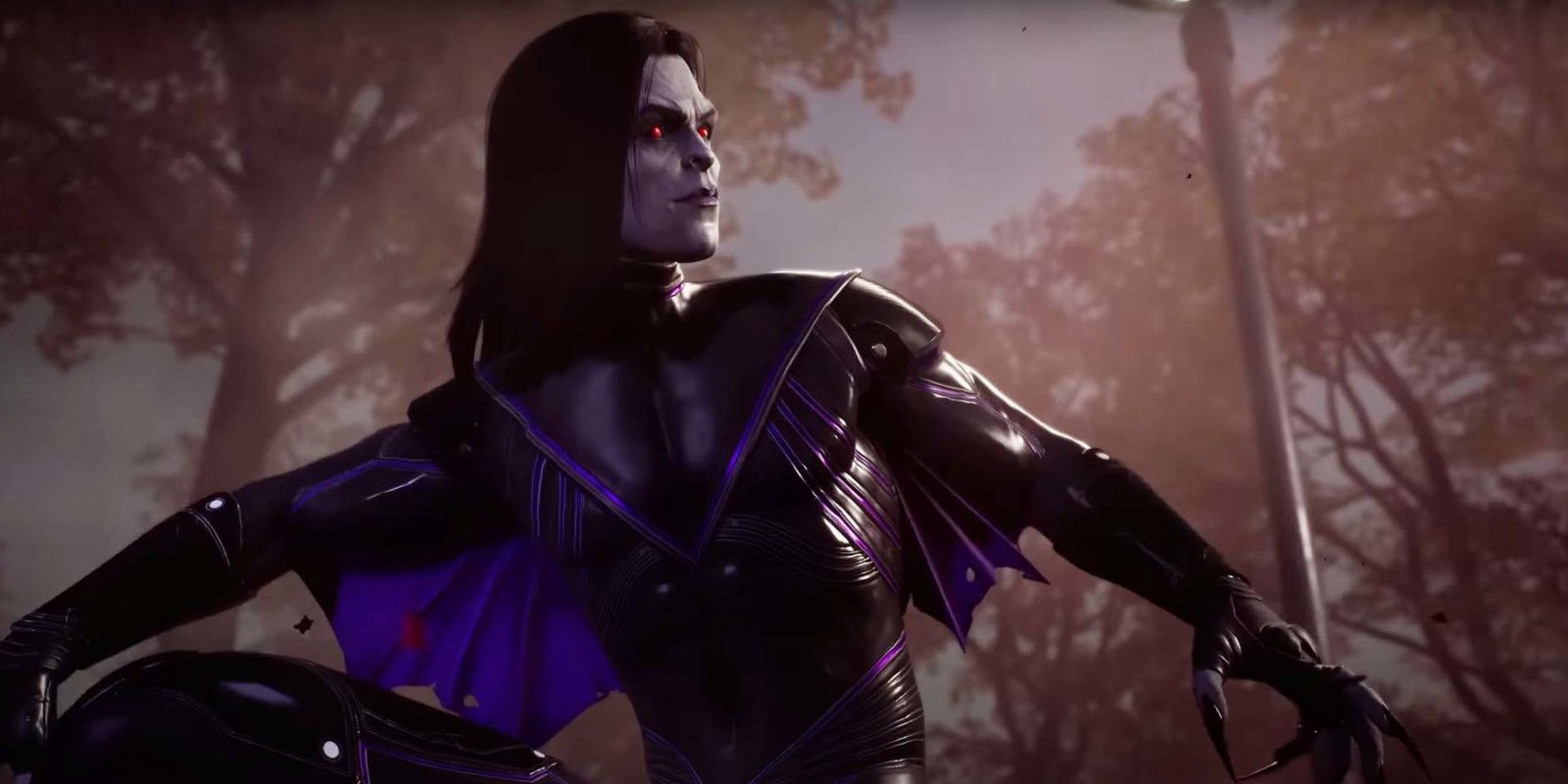 morbius midnight suns dramatic side pose as he's looking off into the distance