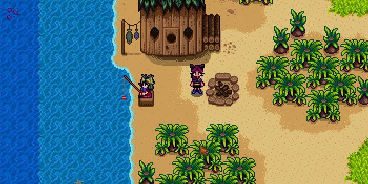screenshot of the player approach NPC Birdie while she is fishing by the shoreline and a wooden shack
