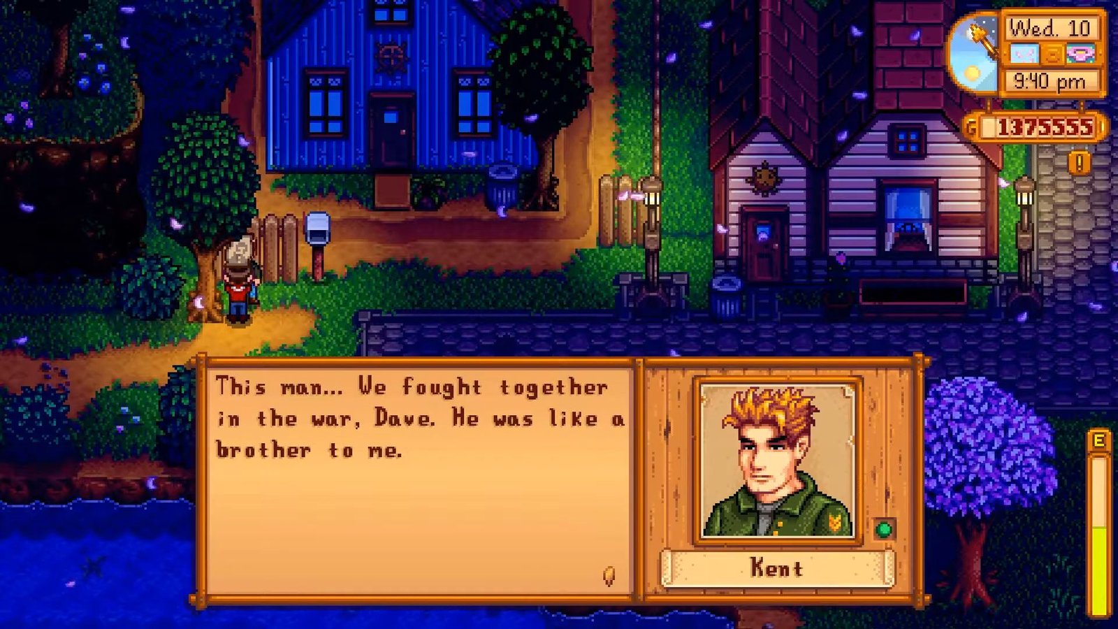 stardew valley player speaking with Kent after bringing him a war memento