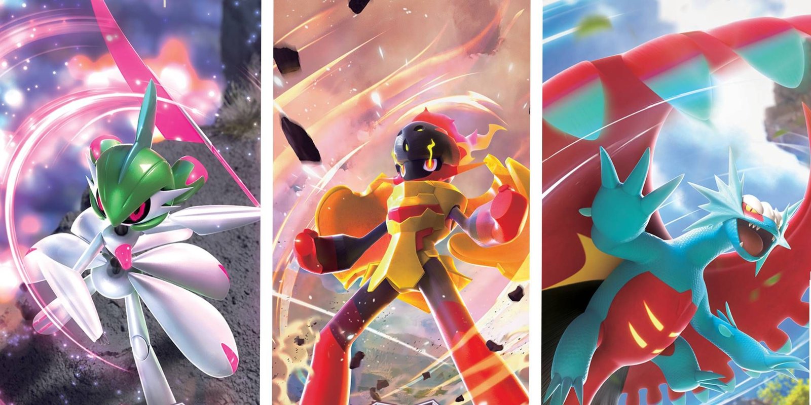 Pokemon TCG Paradox Rift ex Cards Iron Valiant, Armarogue, and Roaring Moon