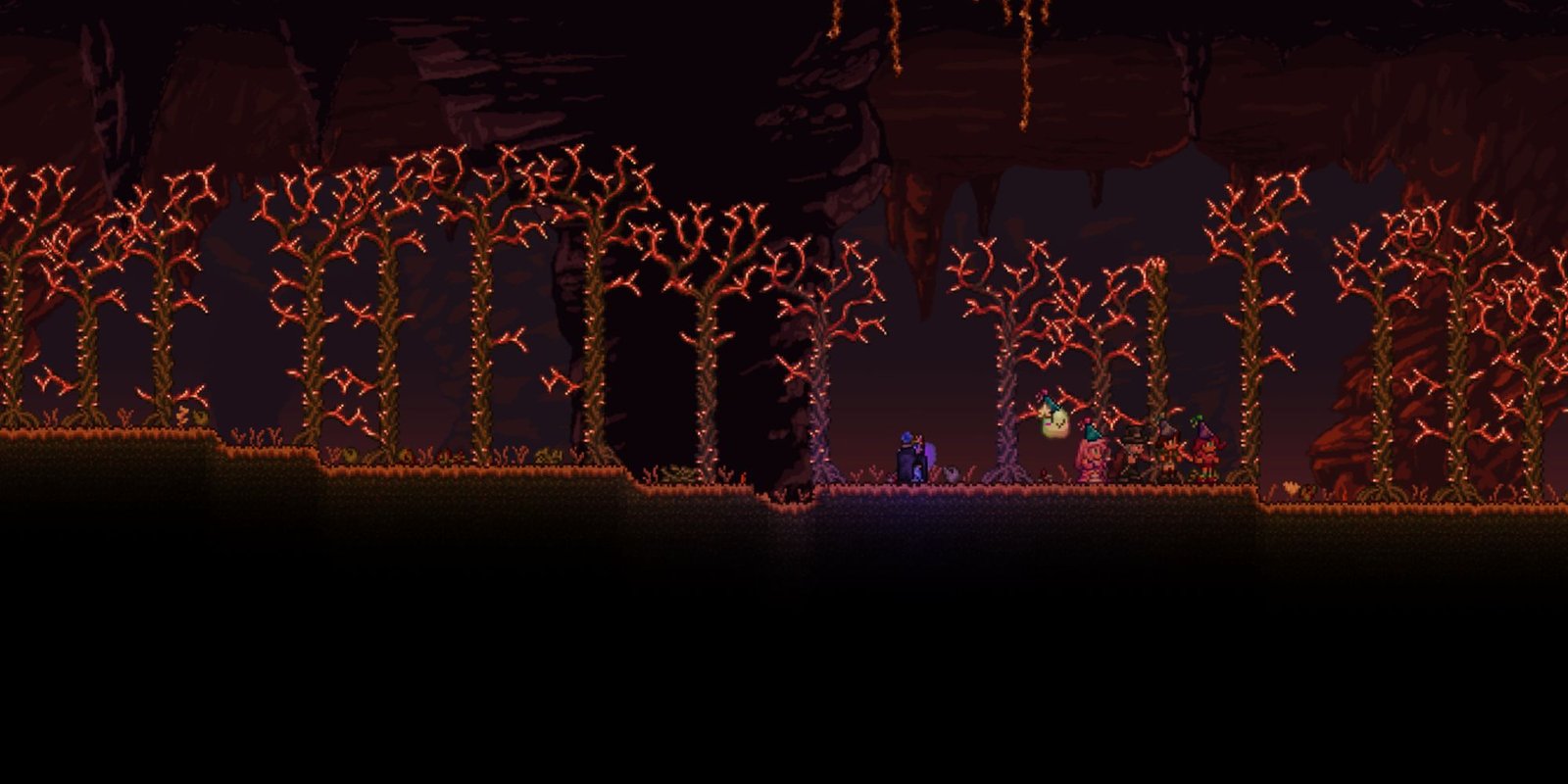 A player standing at spawn for the Everything seed in Terraria. 
