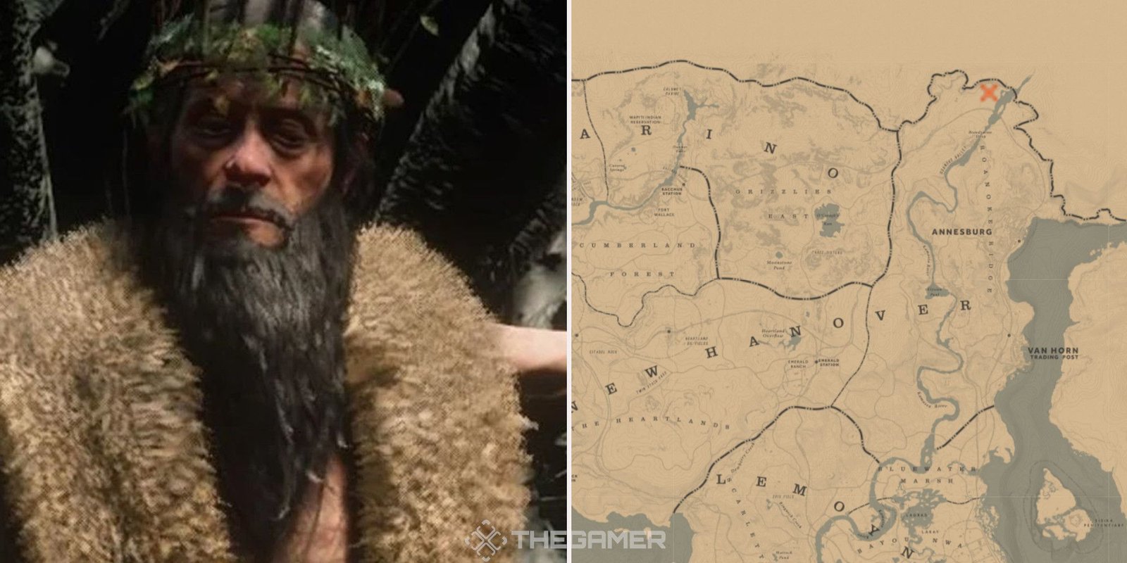 The King of the Forest in Red Dead Redemption 2, next to an image of where he can be found marked on the map.