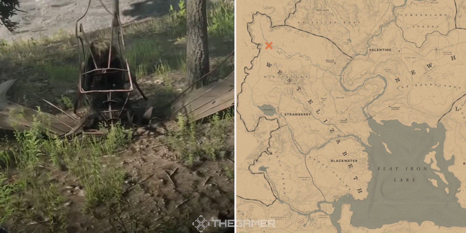 The crashed plane in Red Dead Redemption 2, next to an image of where it can be found marked on the map.