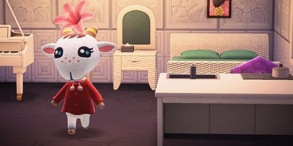 Animal Crossing New Horizons Chevre walking around her home.