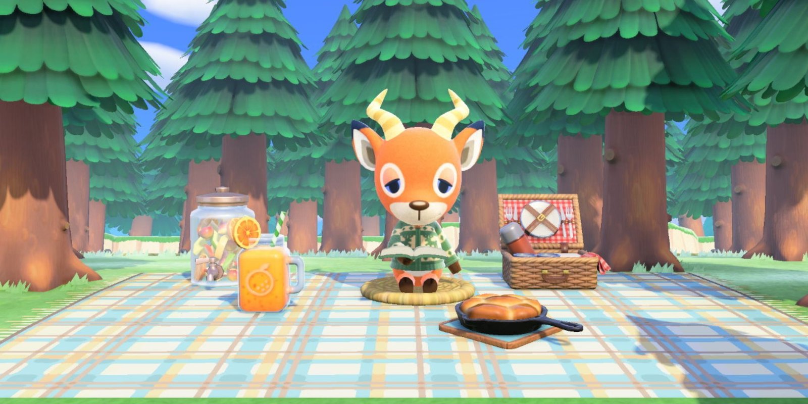 Beau reads a book in a forest while having a picnic.