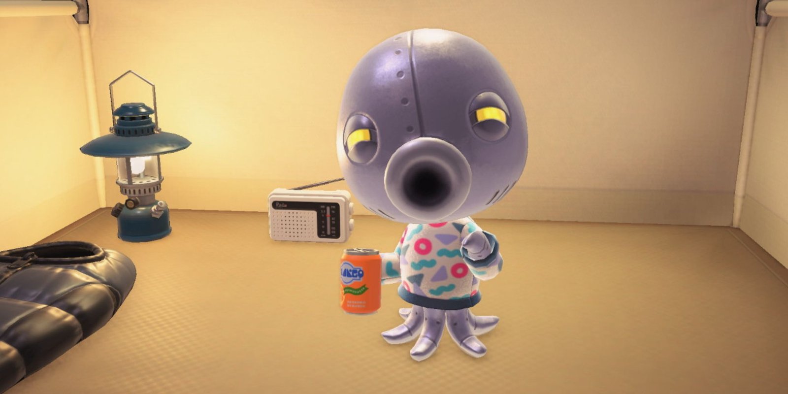 Cephalobot holds a soda can while standing in a tent.