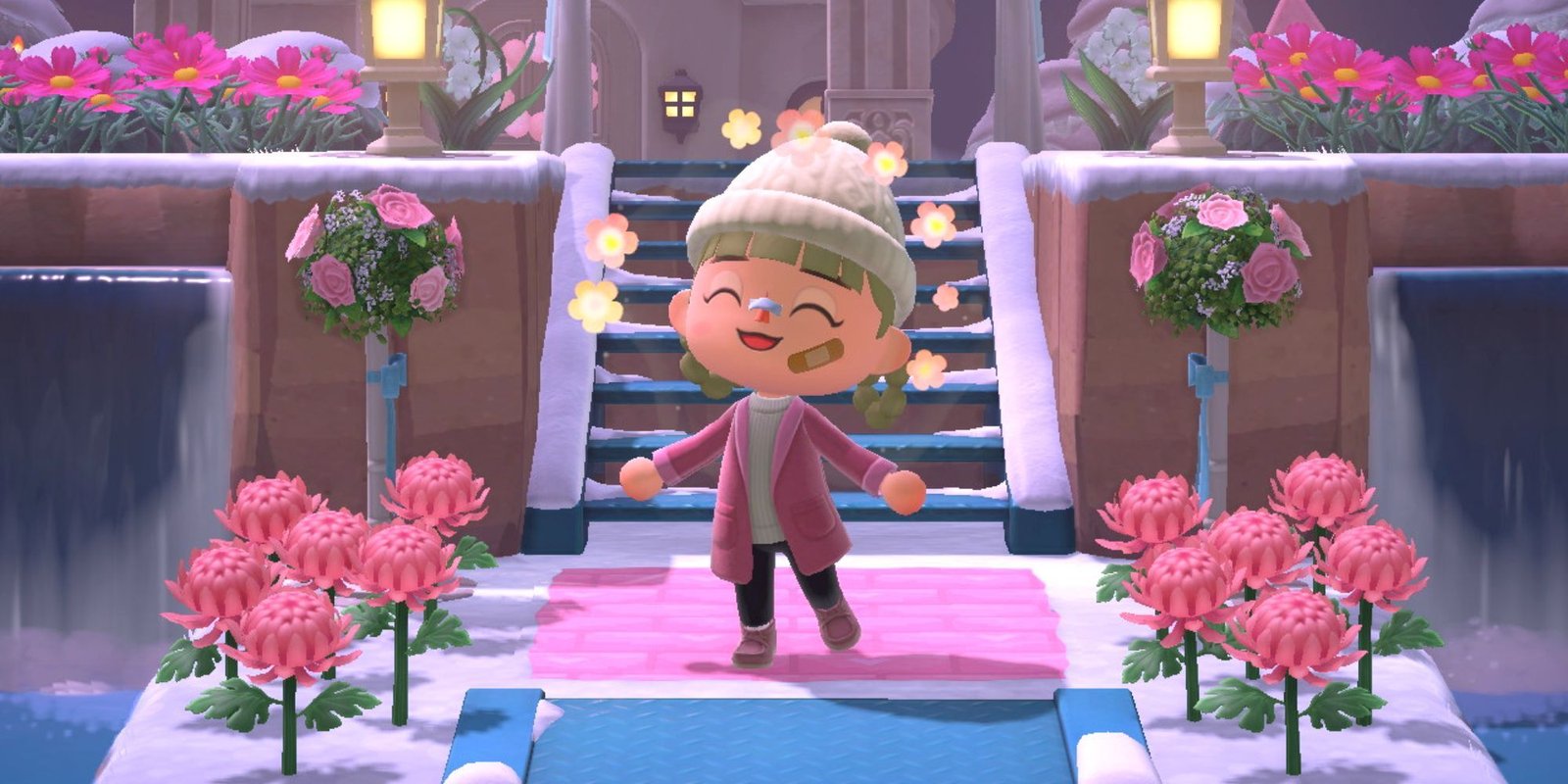 Animal Crossing player character in front of a staircase, surrounded by waterfalls and pink flowers.
