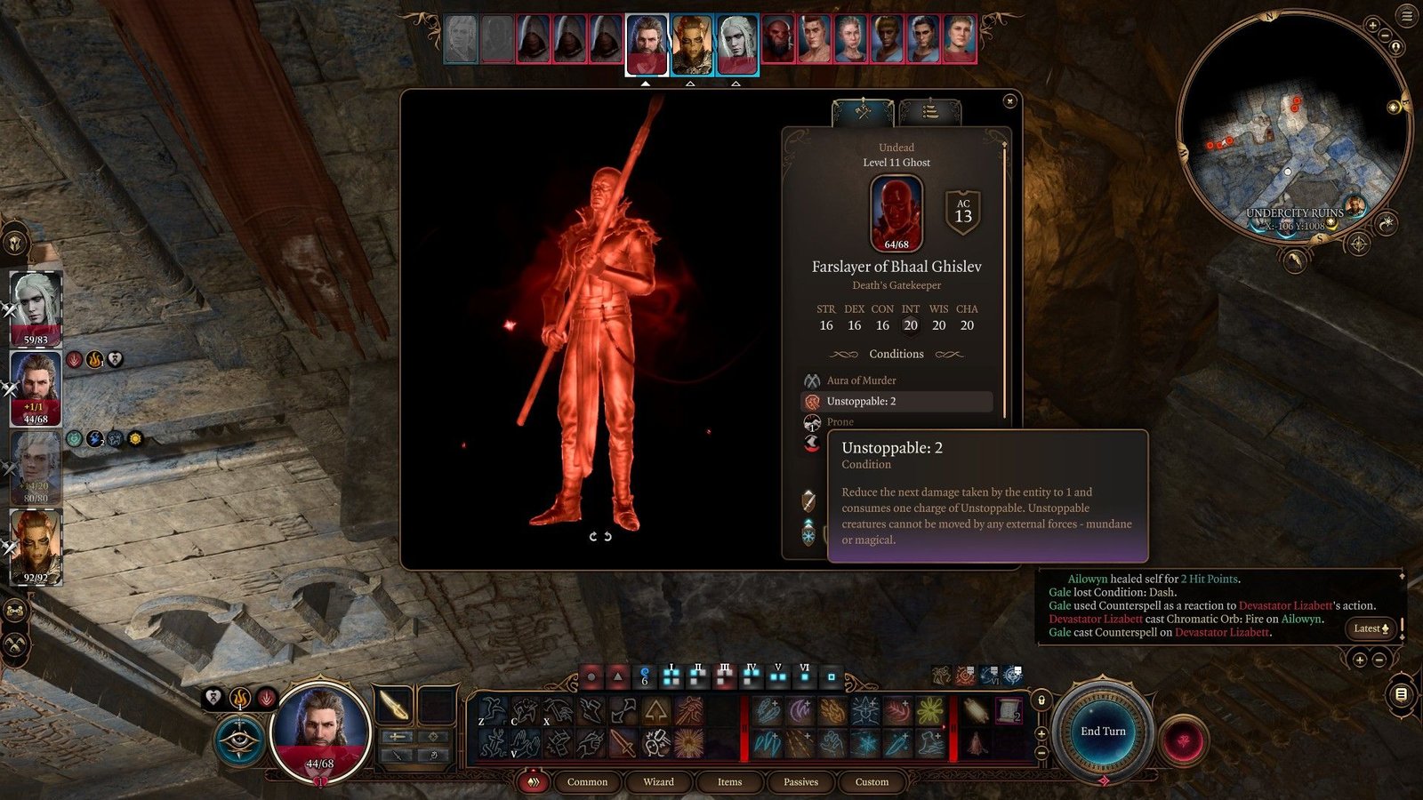 Gale Looks At Farslayer Of Bhaal Gislev Examine Menu And Reads Unstoppable Condition