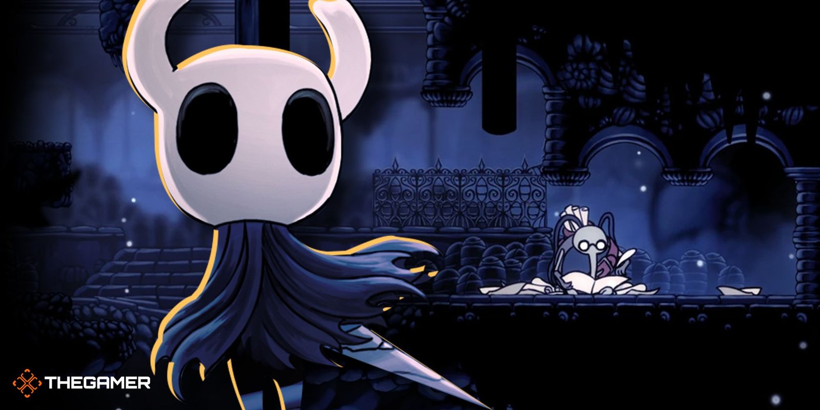 Cutout of Hollow Knight main character in front of a screenshot showing Cornifer making his maps