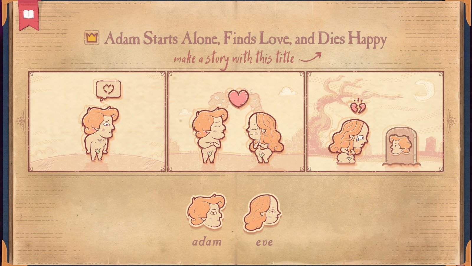 The solution for the Love section of Stoyteller, showing Adam Stars Alone, Finds Love, and Dies Happy.