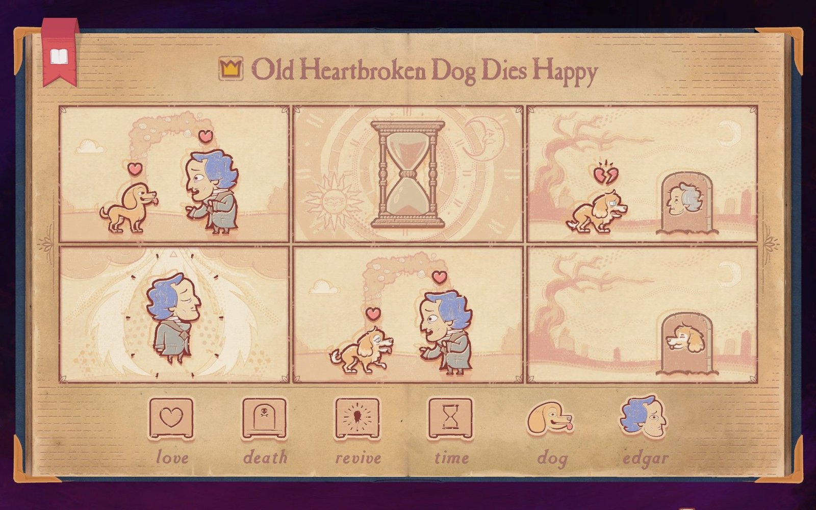 The solution to Chapter 3 Aging in Storyteller, showing an old heartbroken dog dying happy.