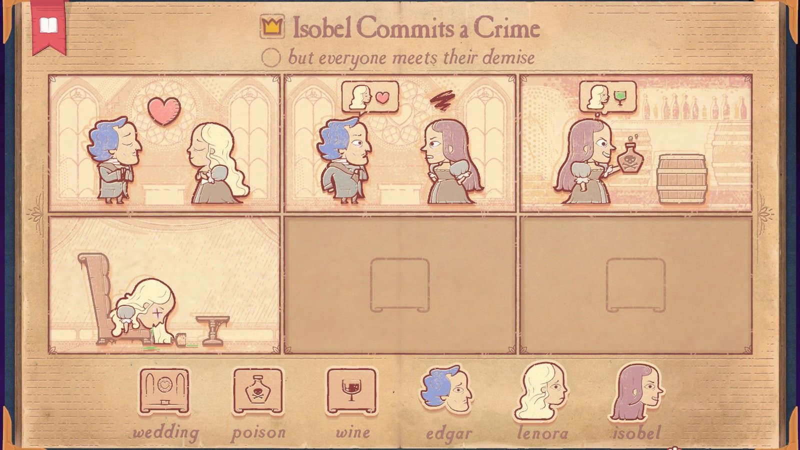 The solution to Chapter 4 Haunt in Storyteller, showing Isobel haunted by her husband.