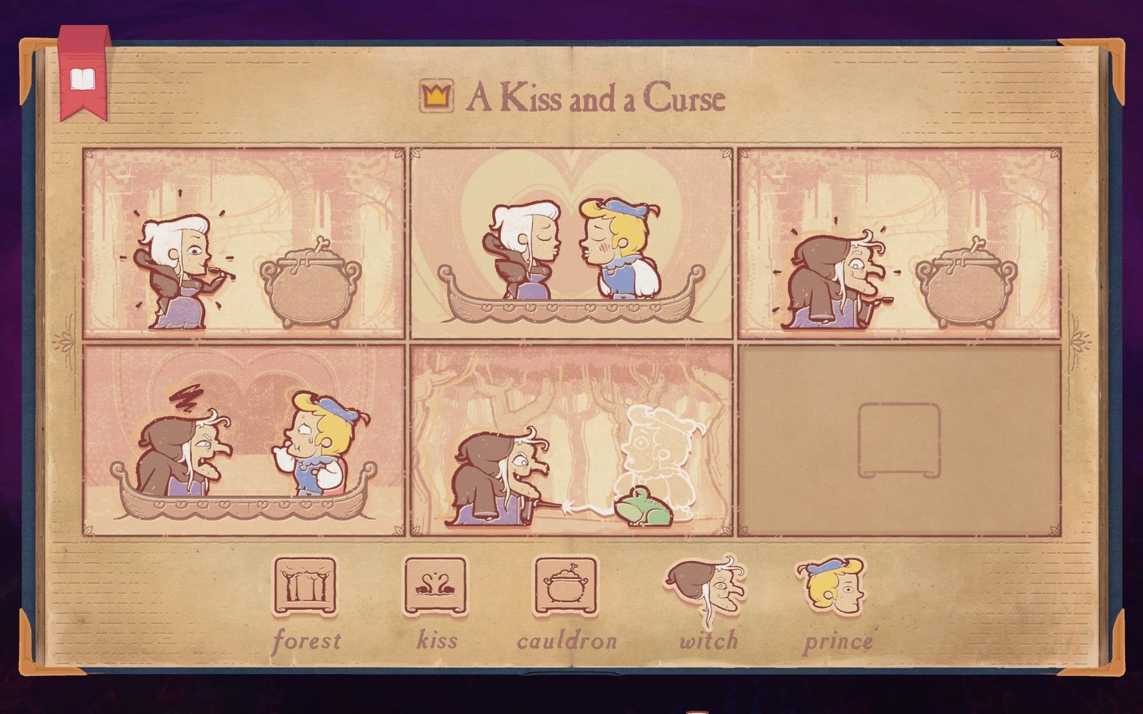 The solution to Chapter 5 Duplicity in Storyteller, showing the Prince getting kissed then cursed.