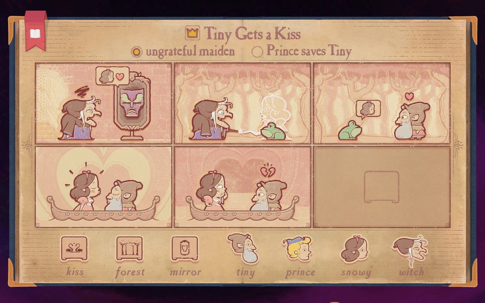 The solution to Chapter 5 Telltale's first scenario in Storyteller, showing Tiny getting a kiss from an ungrateful maiden.