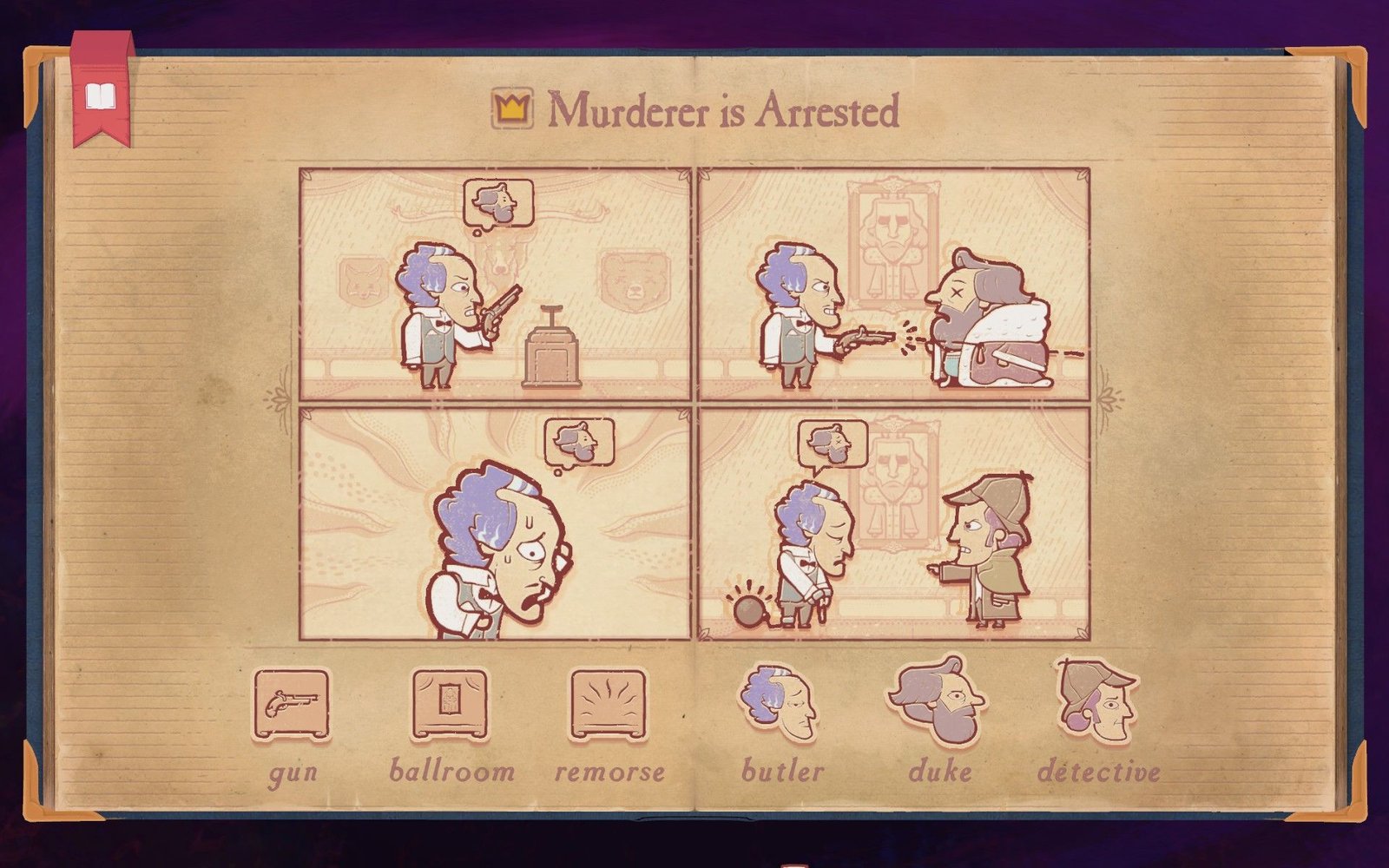The solution to Chapter 6 Telltale in Storyteller, showing Butler getting arrested.