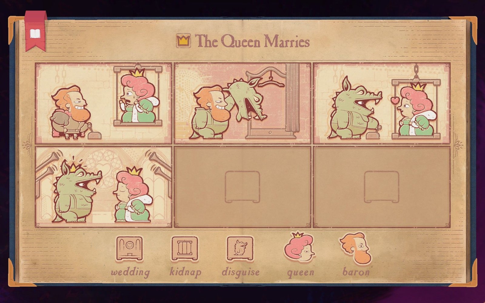 The seventh chapter of Storyteller, the Suitor chapter, showing the queen marrying.