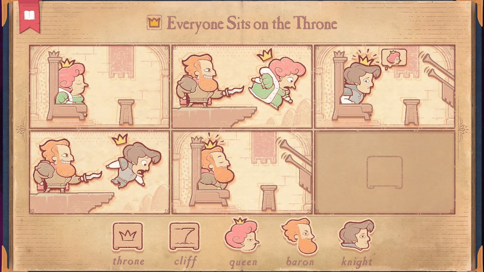 The solution for the Usurpers section of Storyteller, showing everyone on the throne.