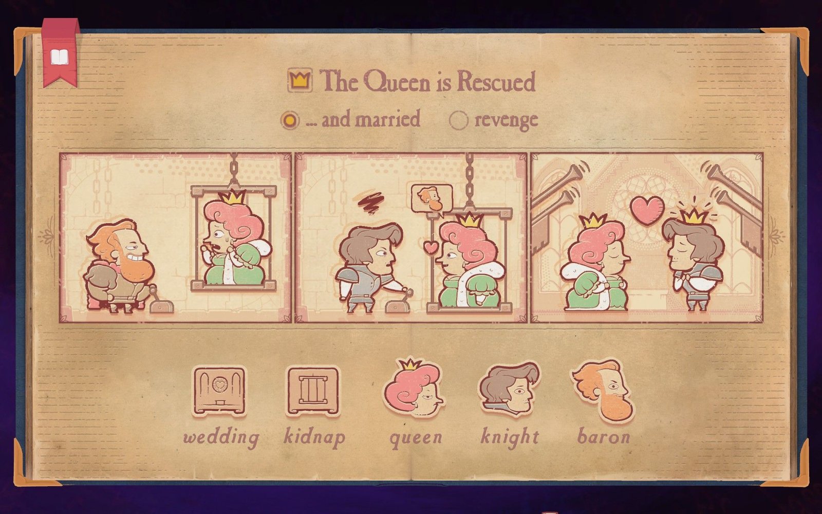 The solution to Chapter 7 Rescue's first situation in Storyteller, showing the Queen getting rescued and married.