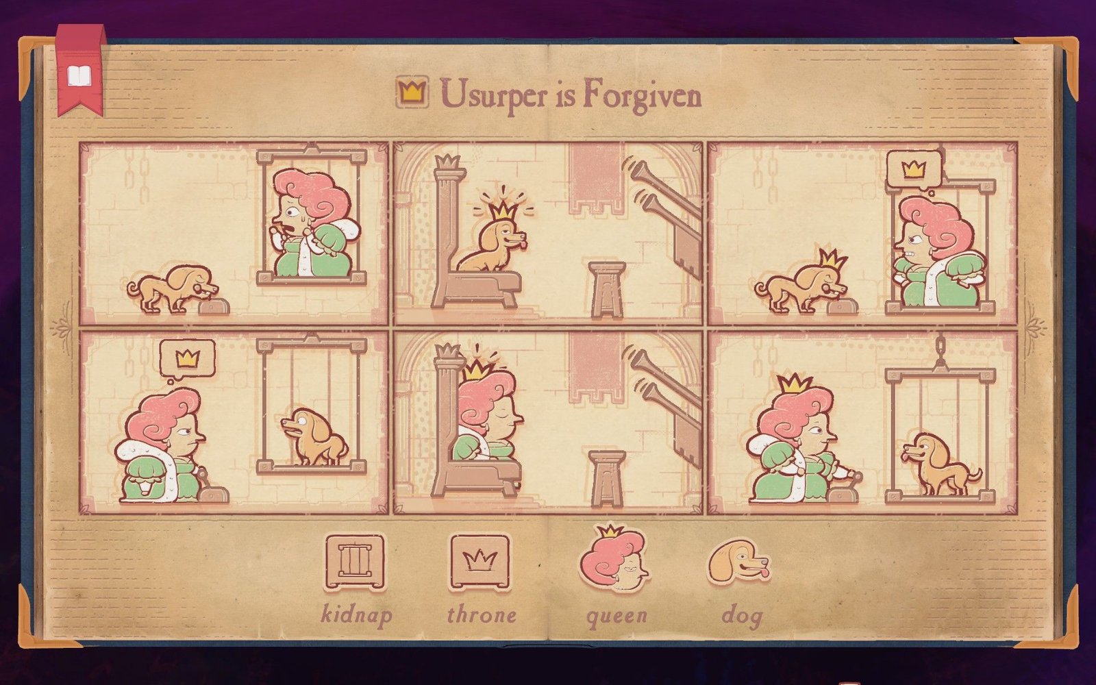 The solution to Chapter 7 Forgiven in Storyteller, showing the Queen forgiving the Dog.