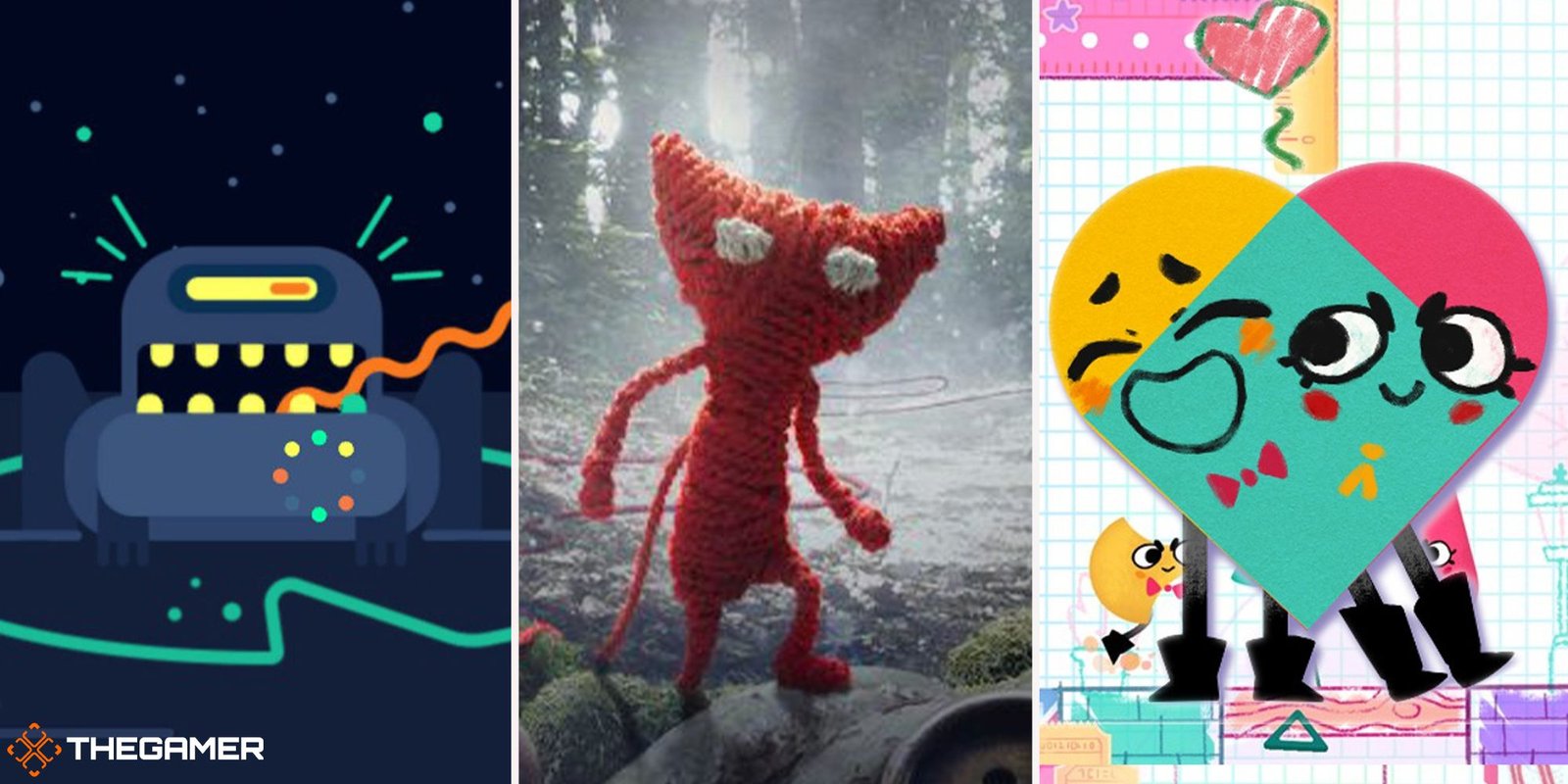 Kids Puzzle Games (GNOG on left, Unravel in centre, Snipperclips on right)