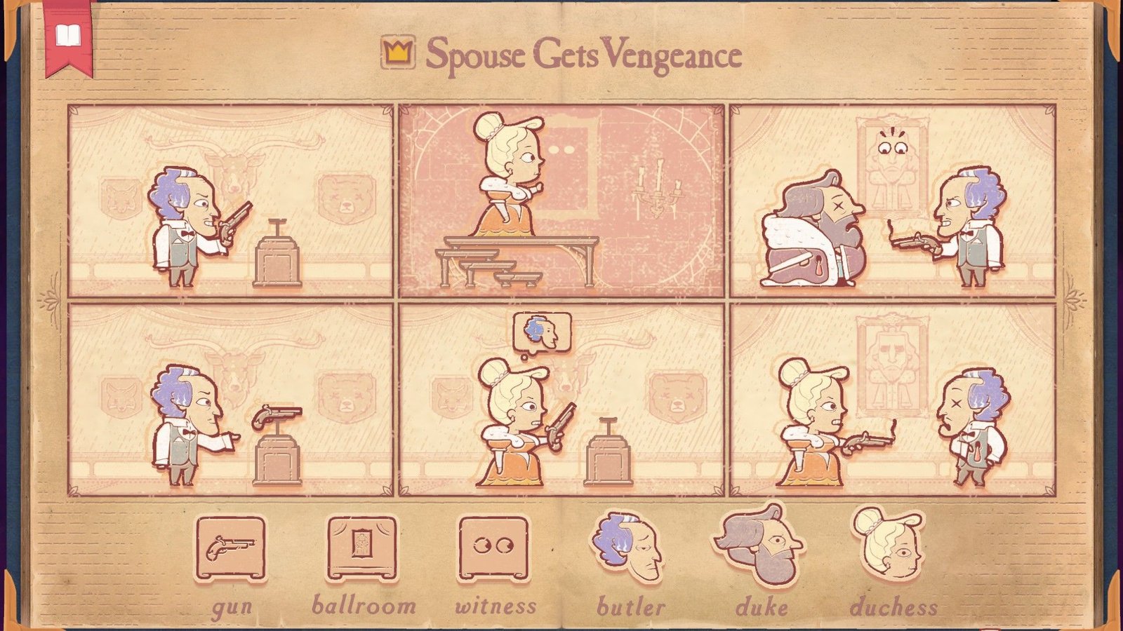 The solution for the Revenge section of Storyteller, showing Duchess getting revenge against the Butler.