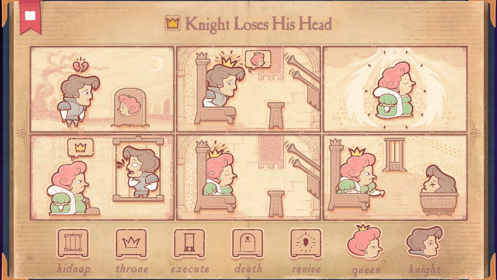 The solution for the Unforgiven section of Storyteller, showing the Knight being killed by the Queen.