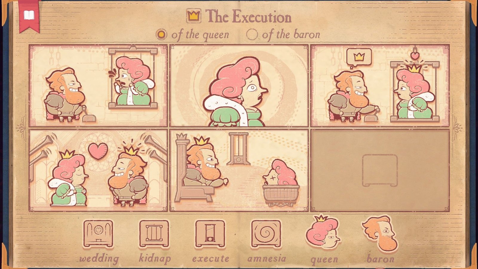 The solution for the Amnesia section of Storyteller, showing the Queen being executed by the Baron.