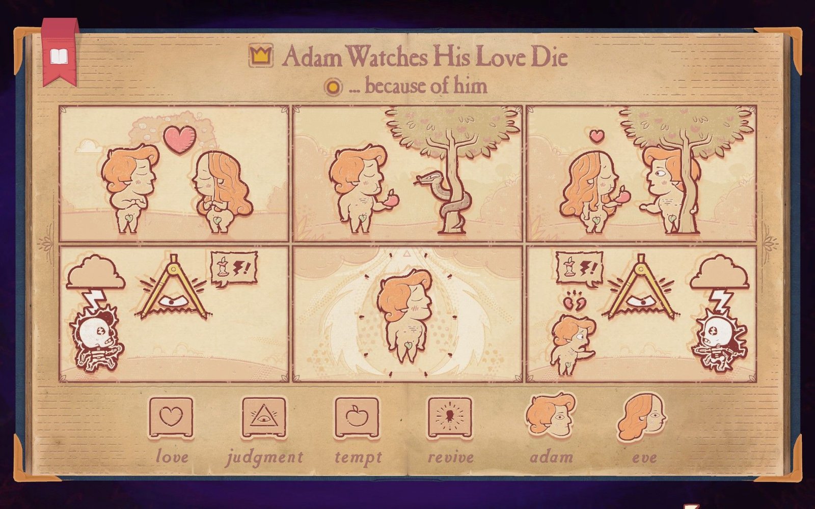 The solution to Chapter 10 Repentance in Storyteller, showing Eve dying as Adam watches, and it's his fault.