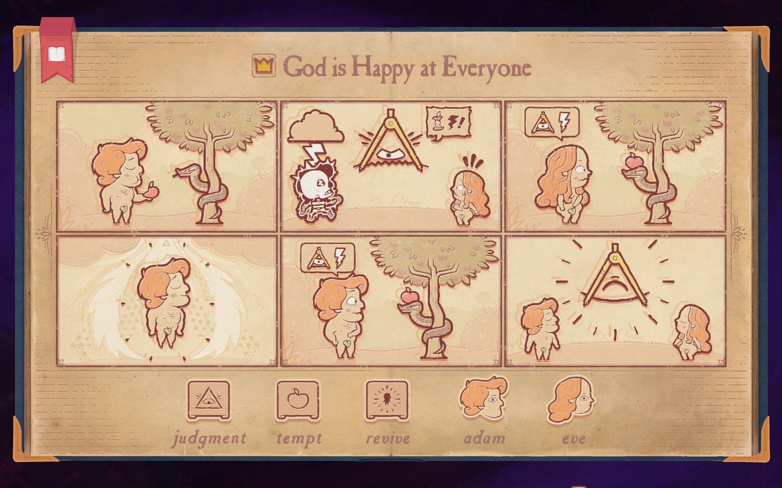 The solution to Chapter 10 Punishment in Storyteller, showing God being happy with everyone.